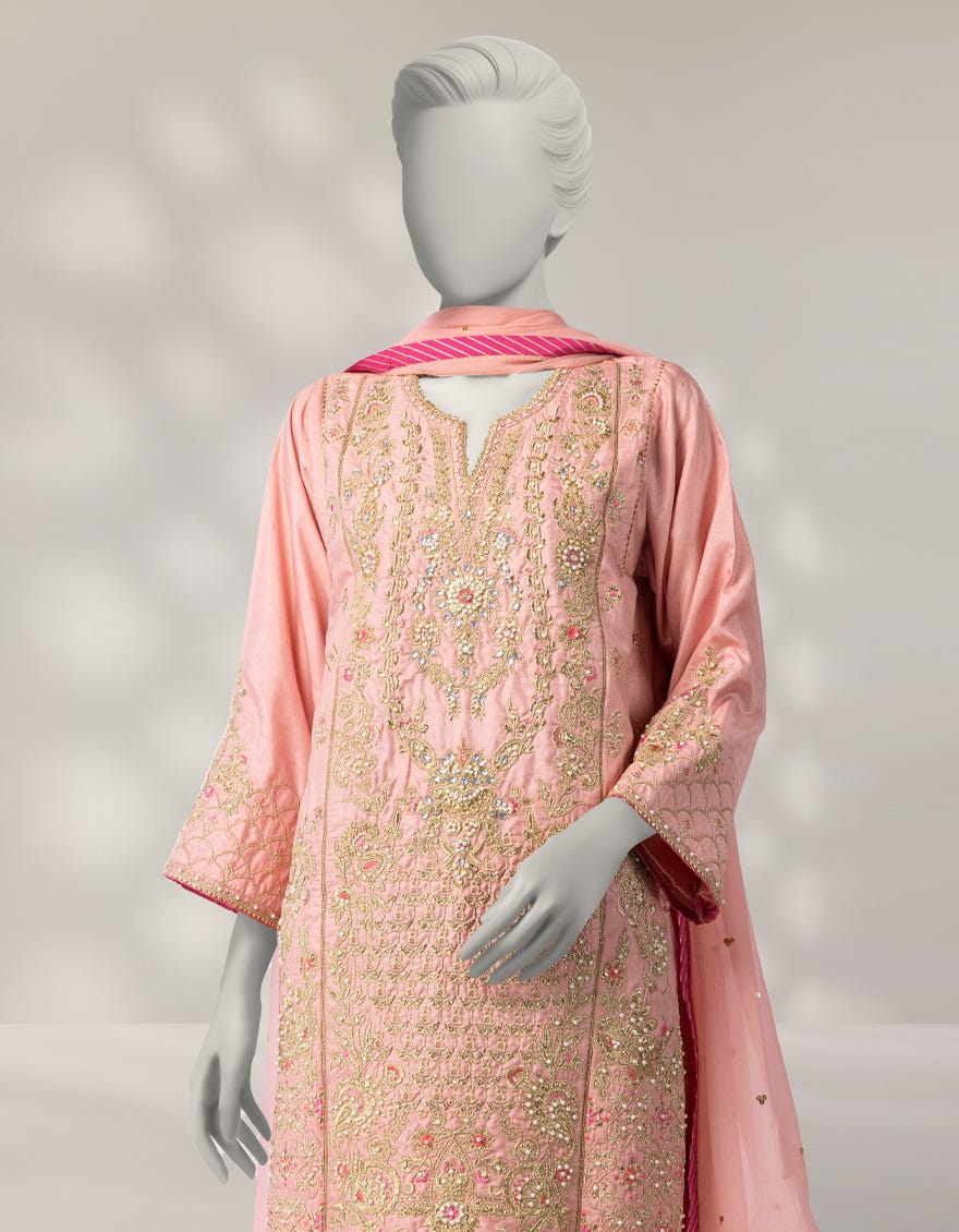 PEACH RAW SILK EMBROIDERED 3PC STITCHED