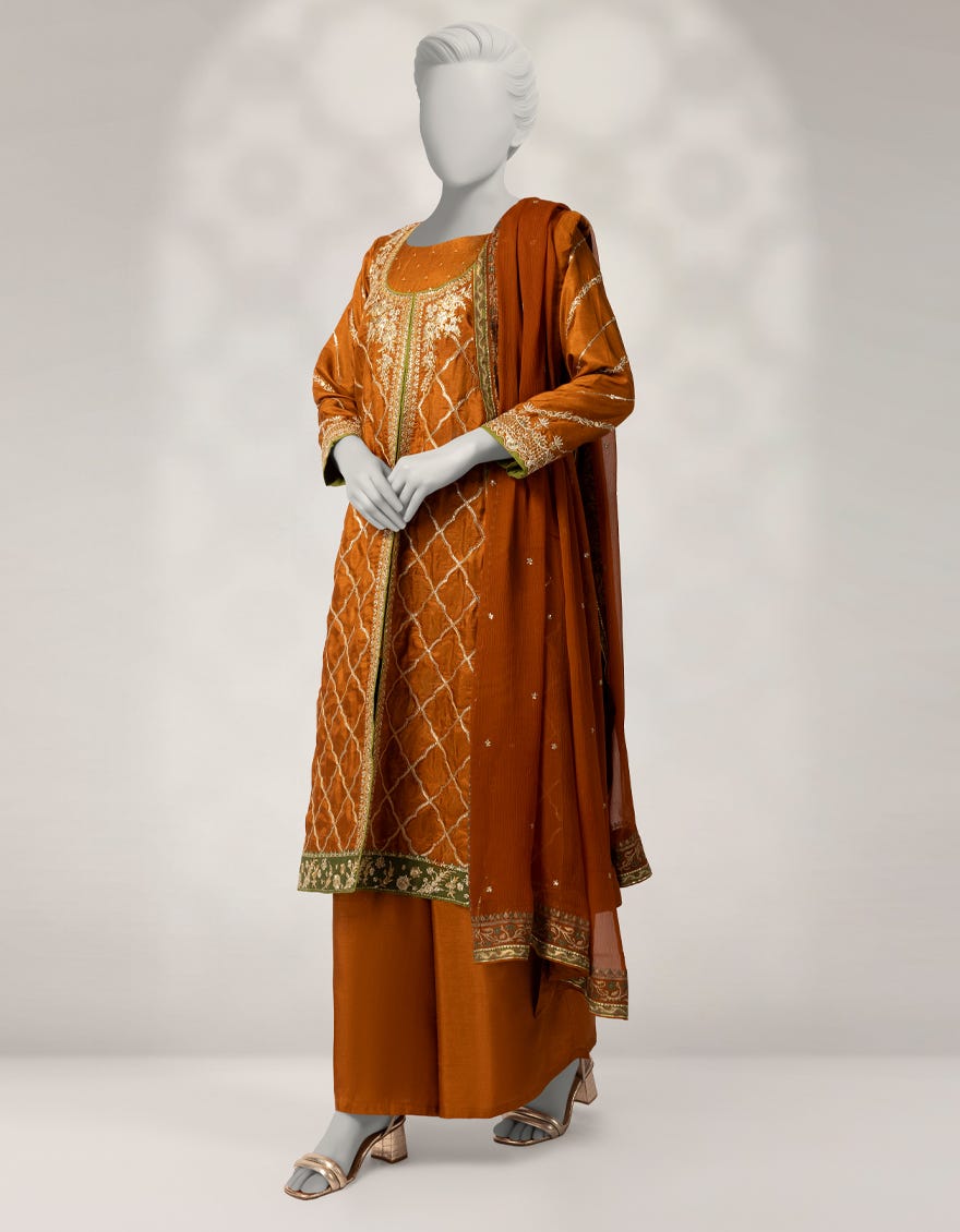 RUST RAW SILK EMBROIDERED 3PC STITCHED
