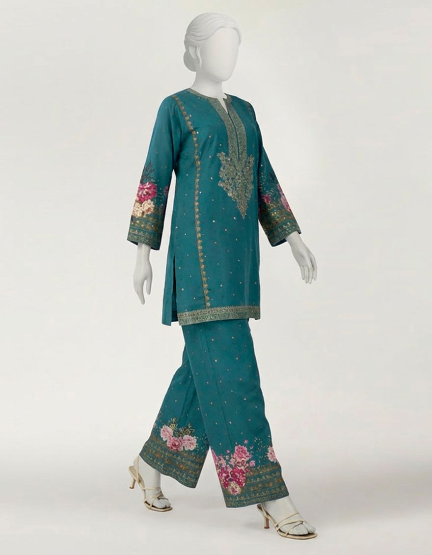 GREEN RAW SILK EMBROIDERED CO-ORD SET