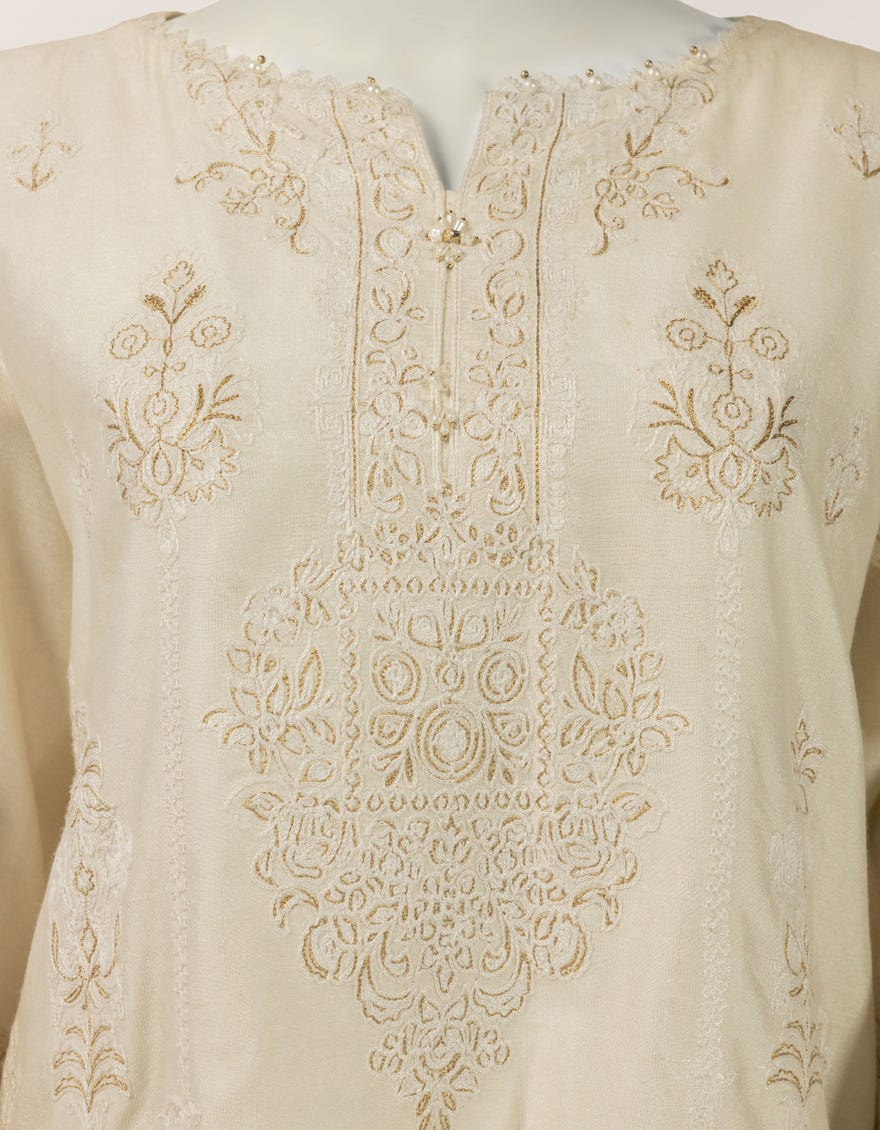 WHITE RAW SILK EMBROIDERED STITCHED 3PC