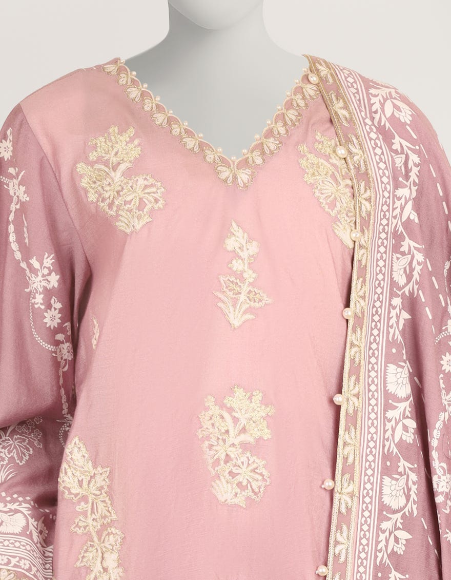 LILAC RAW SILK EMBROIDERED STITCHED 3PC