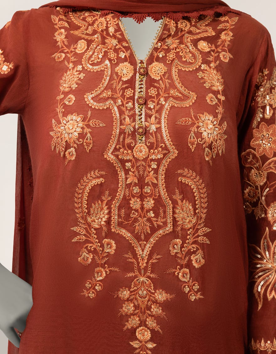 MAROON PAPER COTTON EMBROIDERED STITCHED 3PC