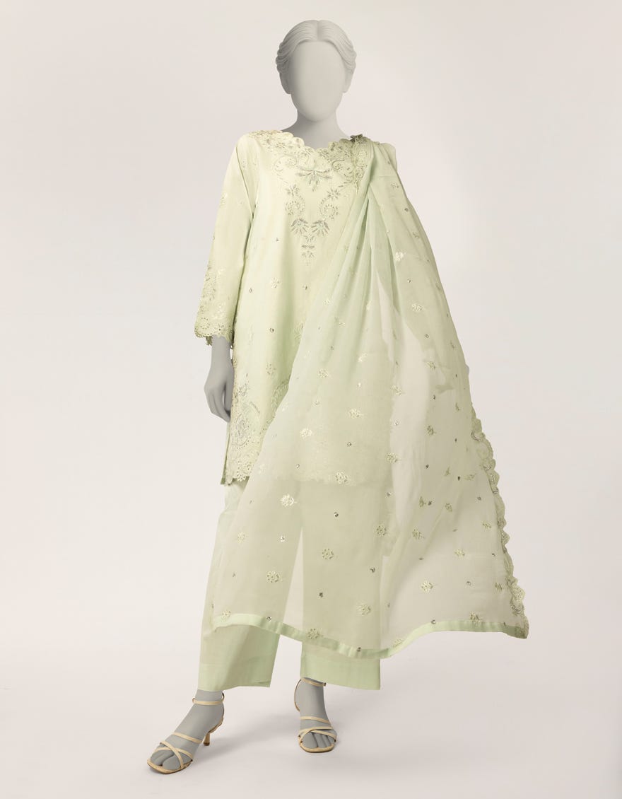 GREEN DOBBY EMBROIDERED STITCHED 3PC