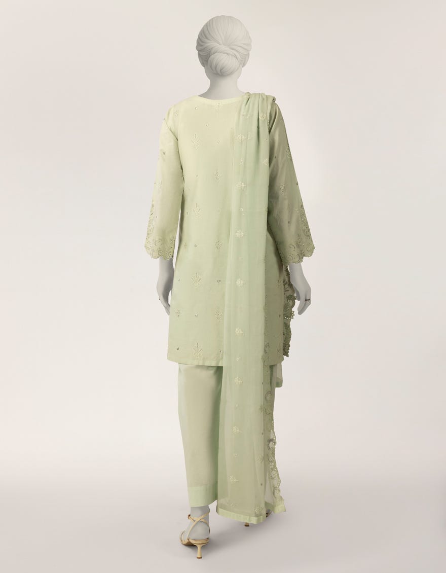 GREEN DOBBY EMBROIDERED STITCHED 3PC