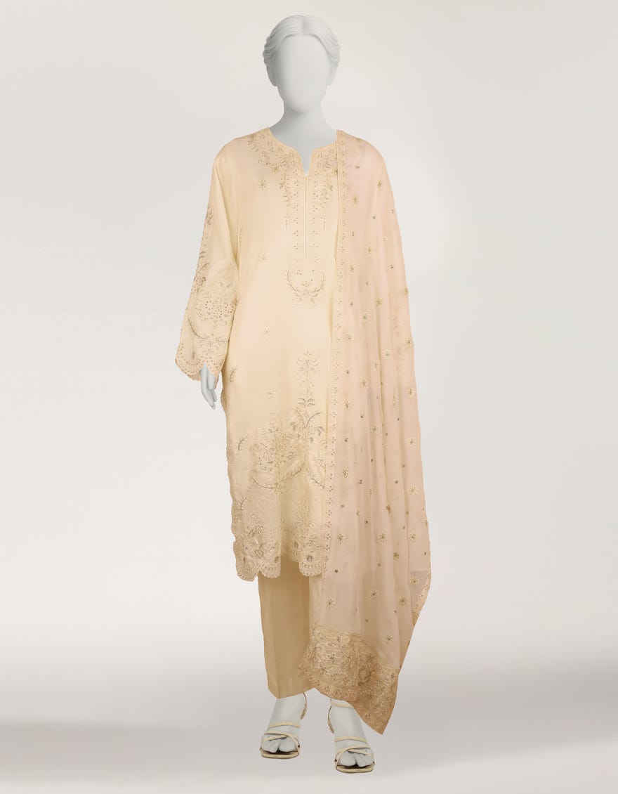 WHITE RAW SILK EMBROIDERED STITCHED 3PC