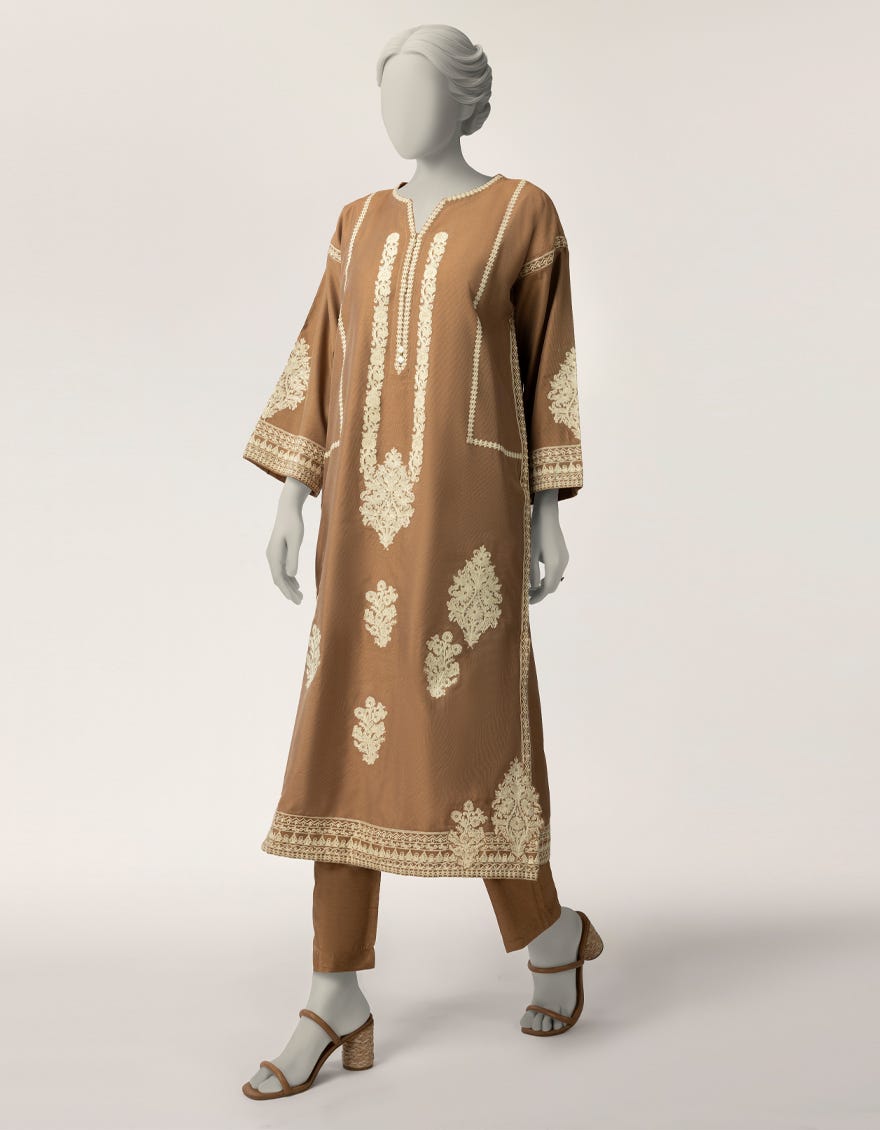 BROWN COTTON NET EMBROIDERED FORMAL CO-ORD SET