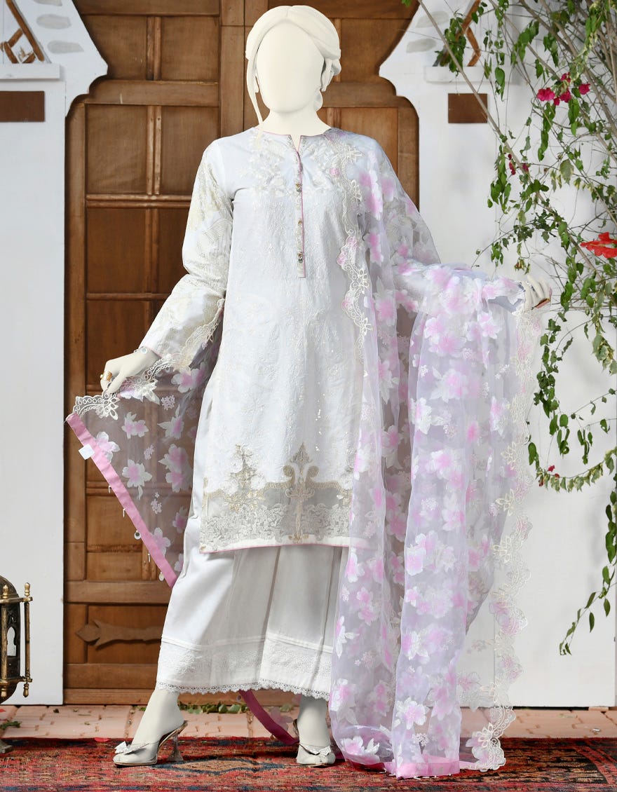 White Cambric Unstitched 3 Piece Dress | Jjls-S-Jpus-22-315