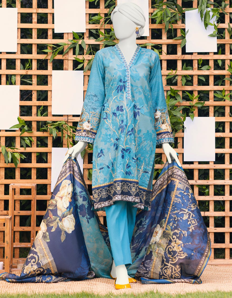 Blue Cambric Unstitched 3 Piece Dress | Jjls-S-Jpus-23-586