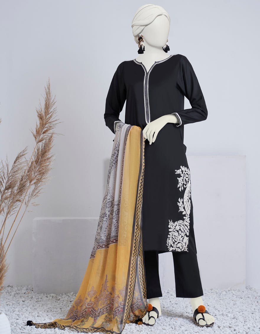 Black Lawn 3 Piece Stitched Dress | Jjpw-S-Jpw-23-001