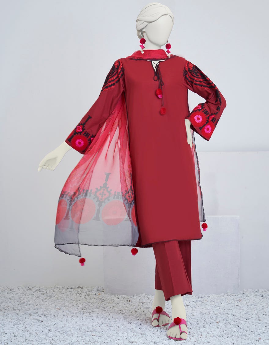 Red Lawn 3 Piece Stitched Dress | Jjpw-S-Jpw-23-003