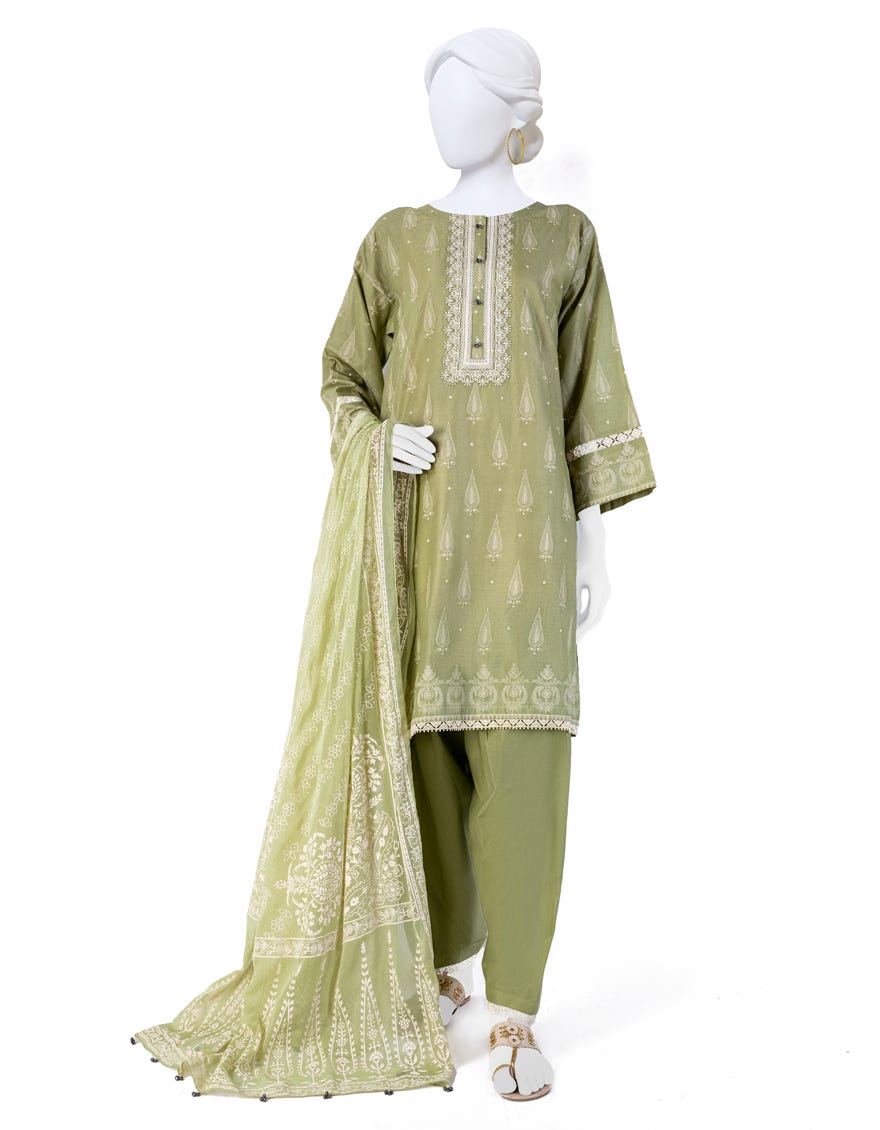 Green Lawn 3 Piece Stitched Dress | Jjpw-S-Jpw-23-011