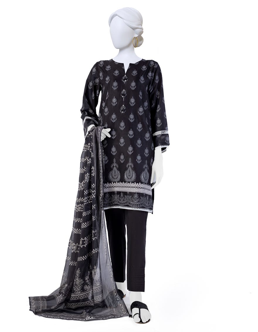 Black Lawn 3 Piece Stitched Dress | Jjpw-S-Jpw-23-012