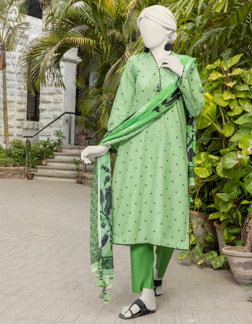 GREEN DOBBY EMBROIDERED UNSTITCHED 3PC – J.