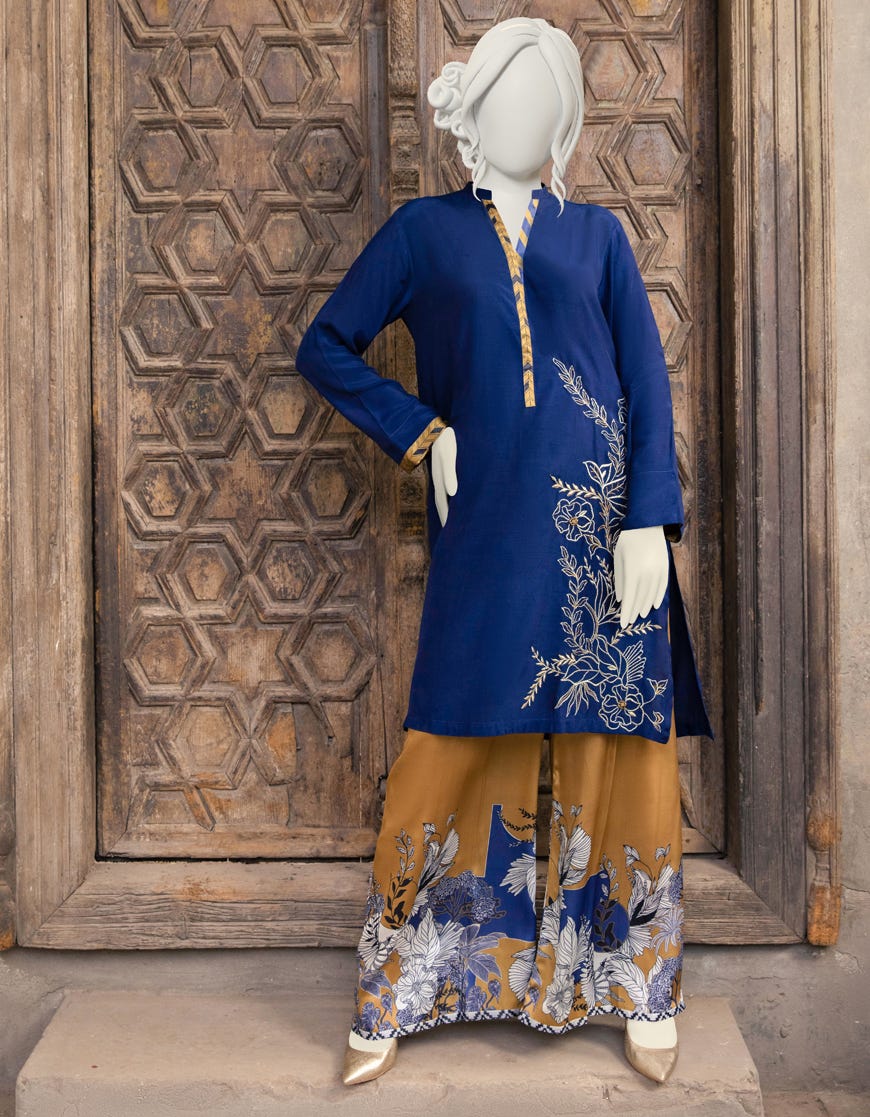 Navy Blue Silk 2 Piece Stitched Dress | Jjpw-S-Jpw2-22-054