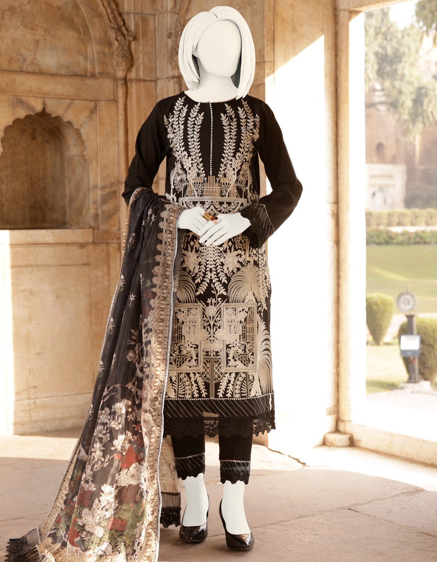 Black Raw Silk 3 Piece Stitched Dress | Jjpw-S-Jpwf-22-011