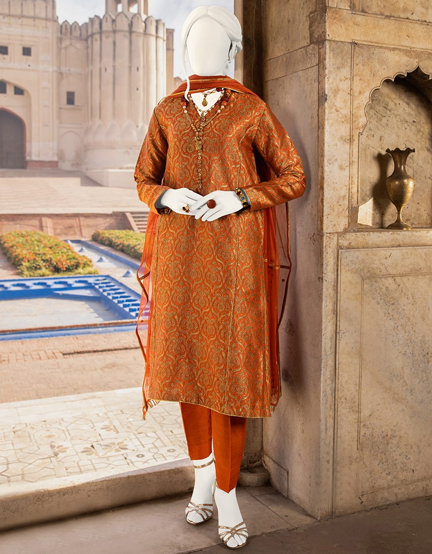 Orange Jamawar 3 Piece Stitched Dress | Jjpw-S-Jpwf-22-015