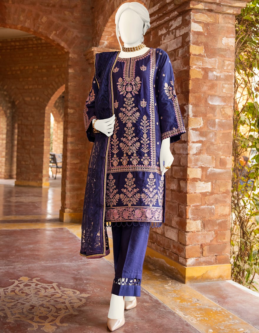 Navy Blue Net 3 Piece Stitched Dress | Jjpw-S-Jpwf-22-024