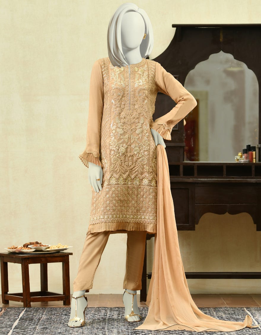 Beige Chiffon 3 Piece Stitched Dress | Jjpw-W-Jpwf-22-068