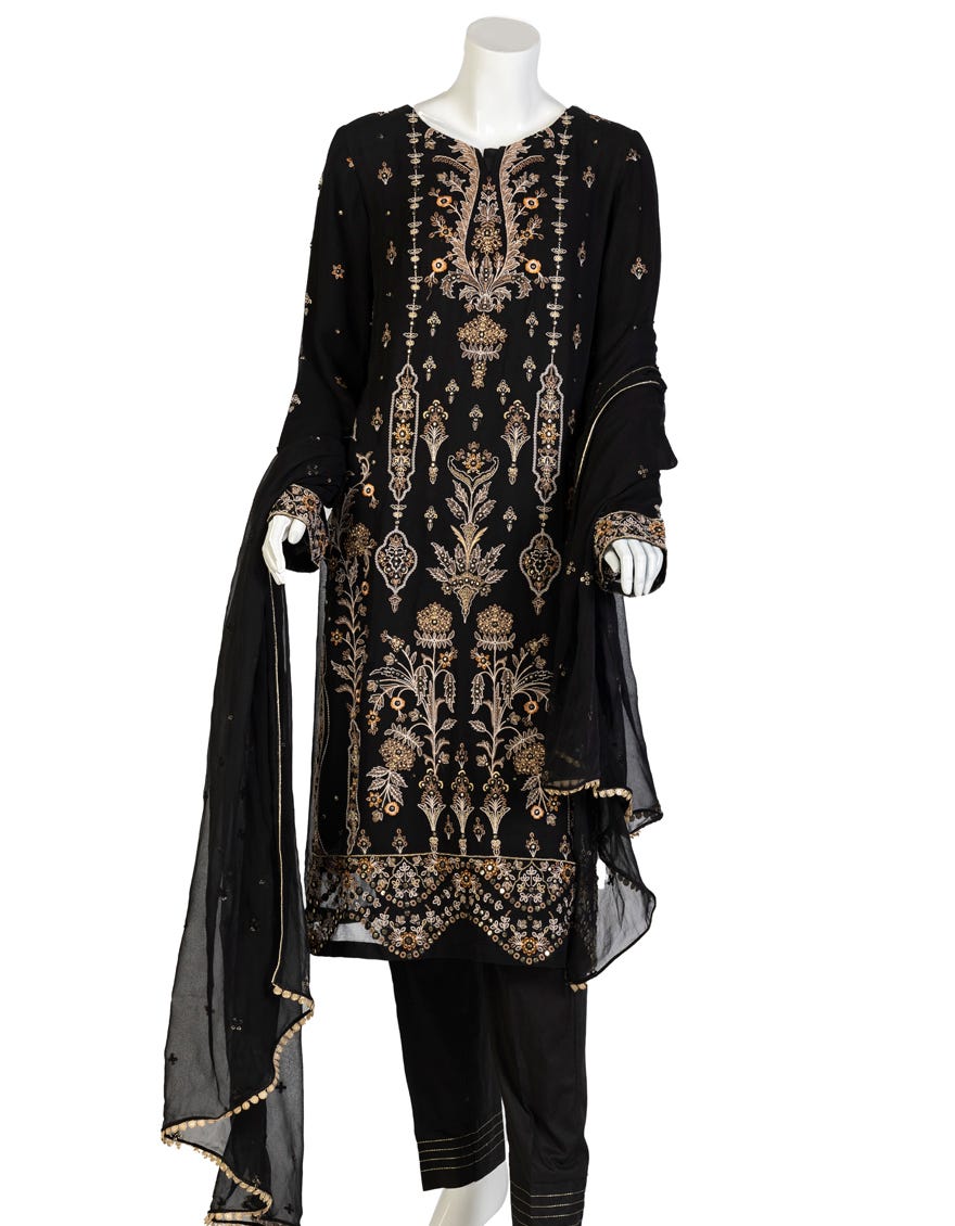 Black Chiffon 3 Piece Stitched Dress | Jjpw-S-Jpwf-23-076