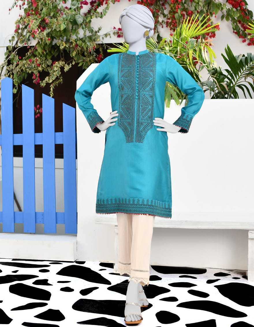 Teal Raw Silk Women's Kurti | Jjlk-S-Jpwk-23-920