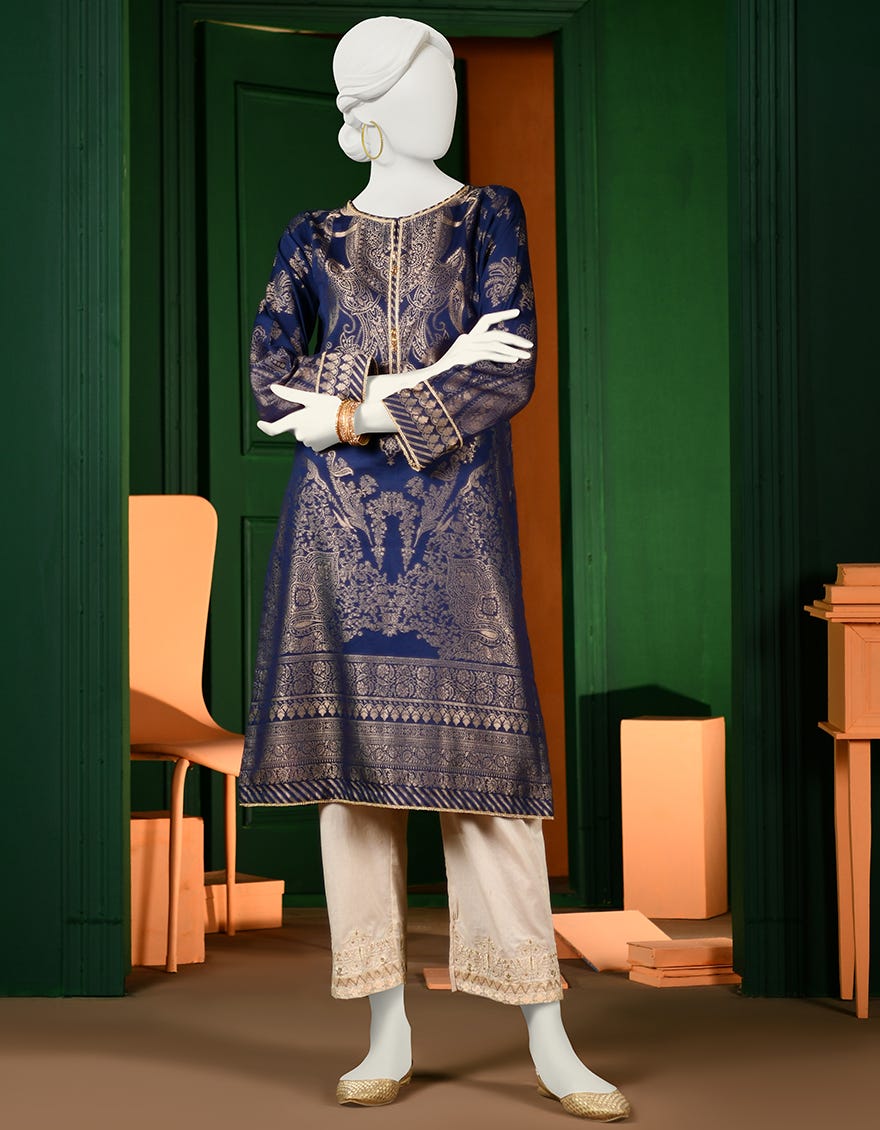 Blue Jacquard Women's Kurti | Jjlk-S-Jpwk-23-958