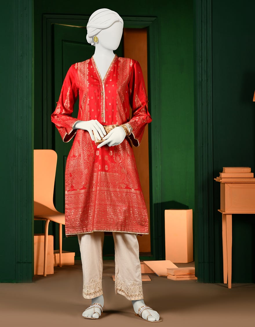 Red Jacquard Women's Kurti | Jjlk-S-Jpwk-23-959