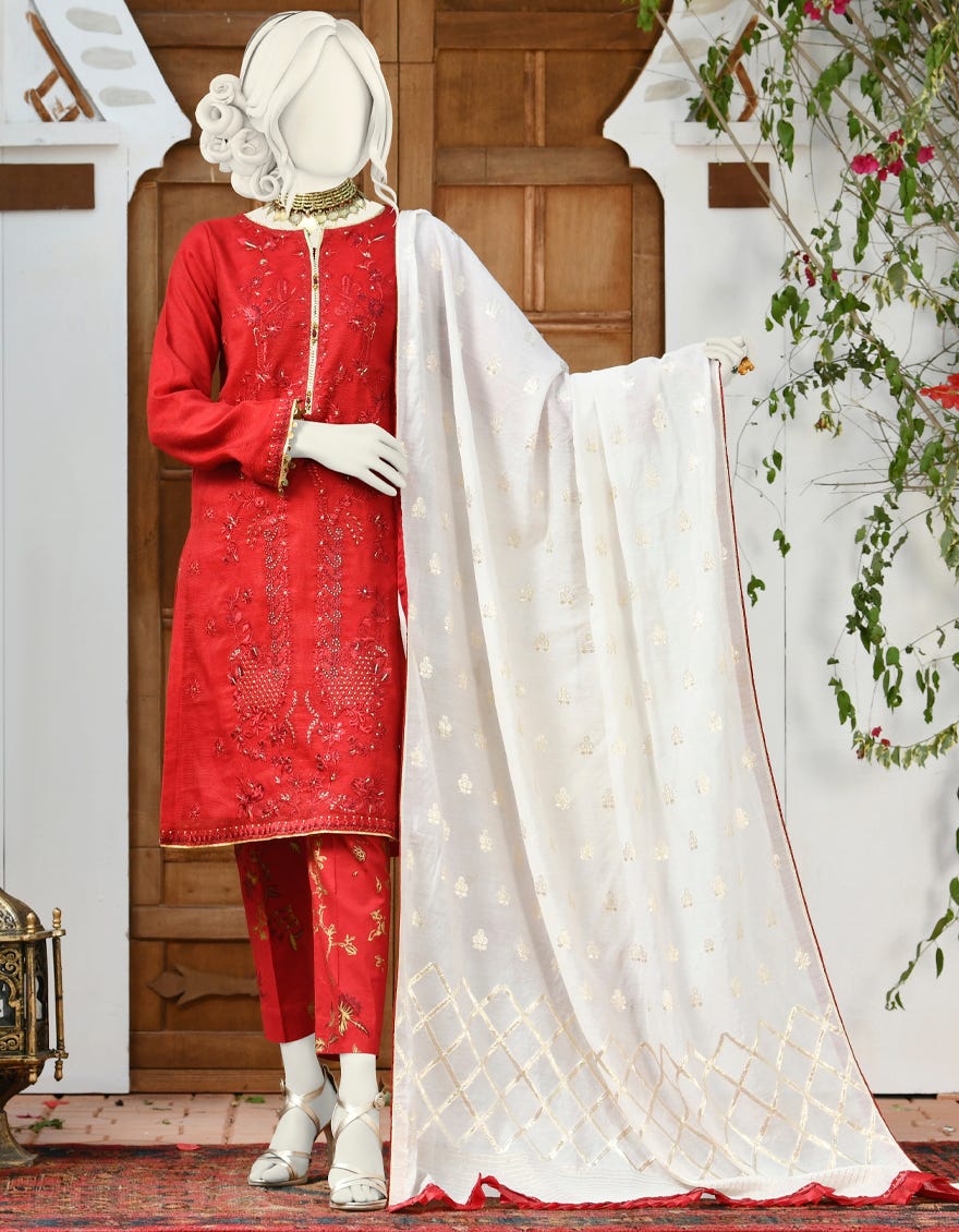 Red Khaddi 3 Piece Stitched Dress | Jjpw-S-Jpws-22-338