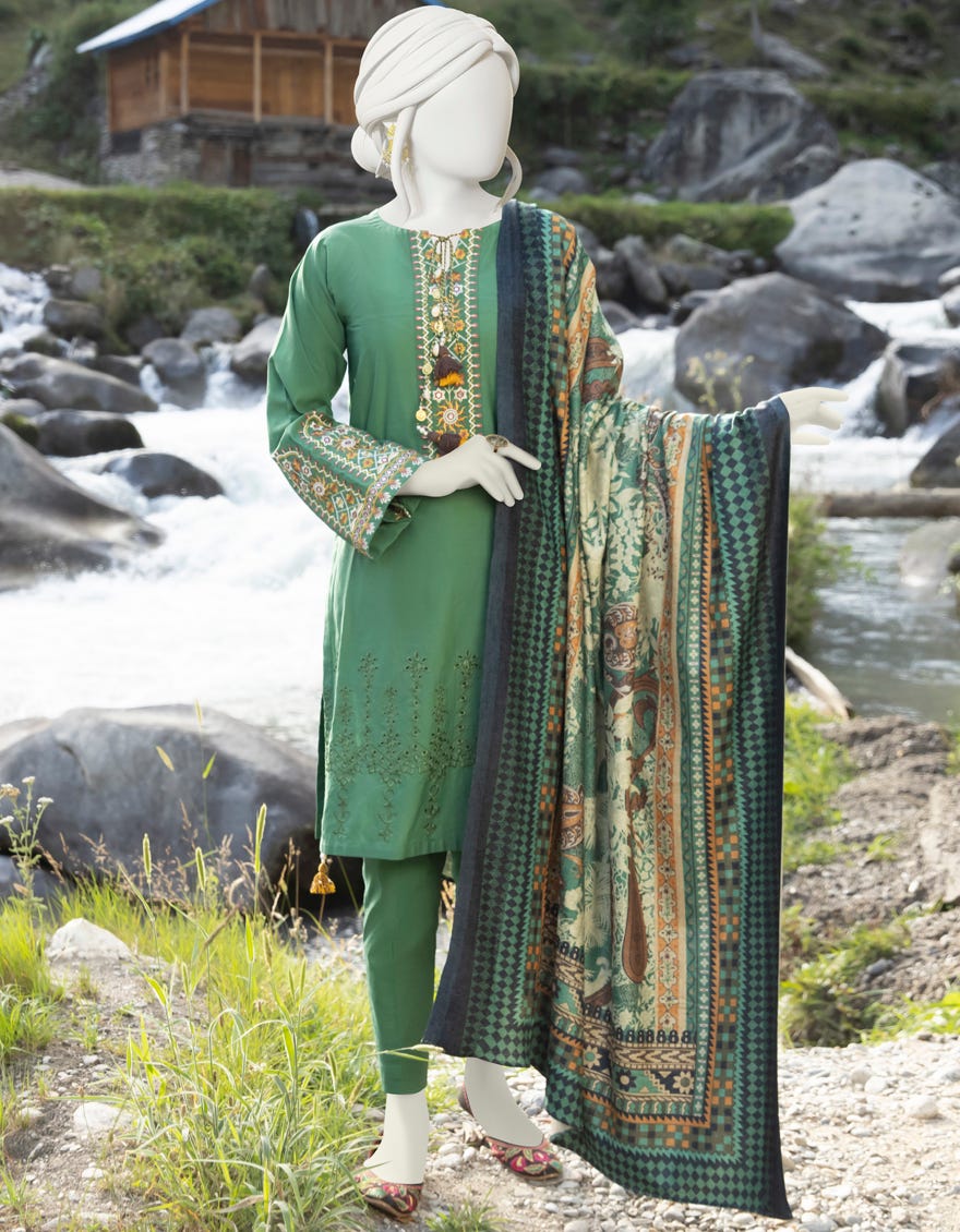 Green Lawn 3 Piece Stitched Dress | Jjpw-W-Jpws-22-454