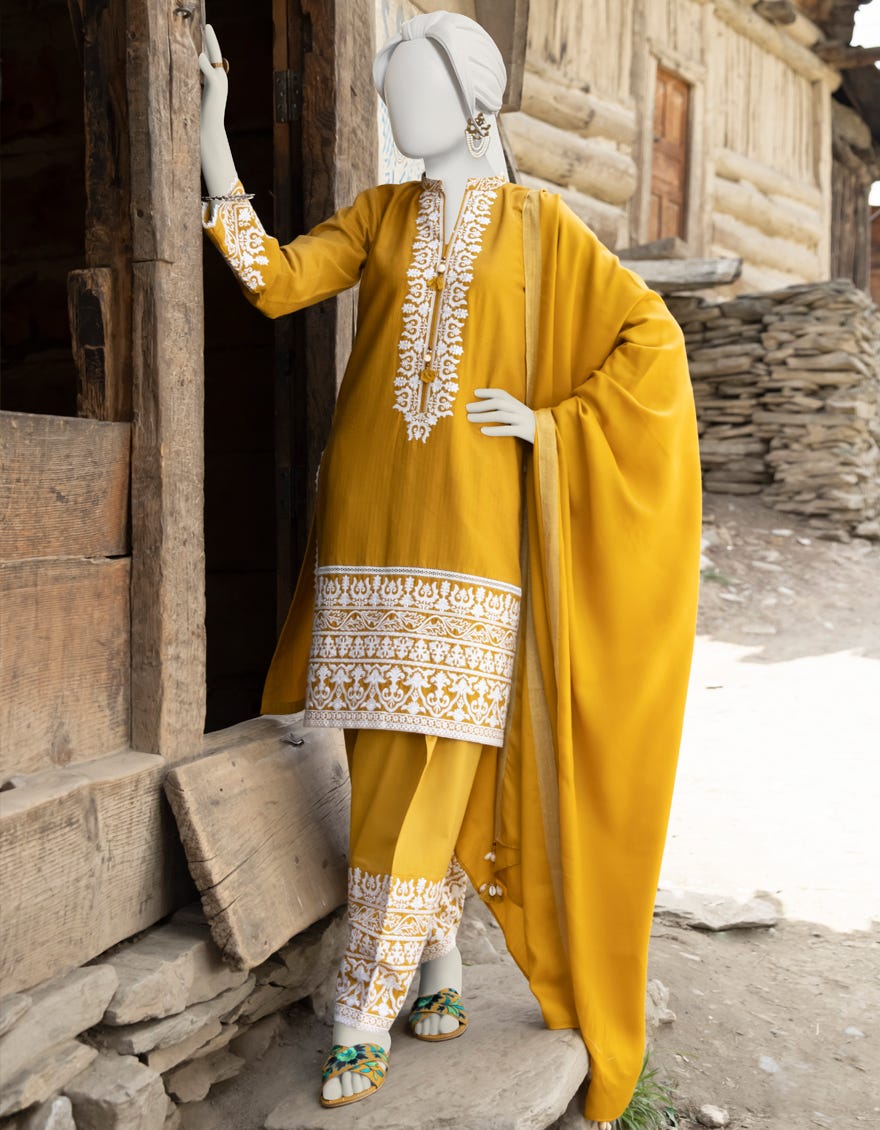 Yellow Yarn Dyed 3 Piece Stitched Dress | Jjpw-W-Jpws-22-480
