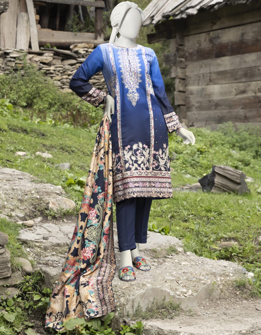 Blue Viscose 3 Piece Stitched Dress | Jjpw-W-Jpws-22-493