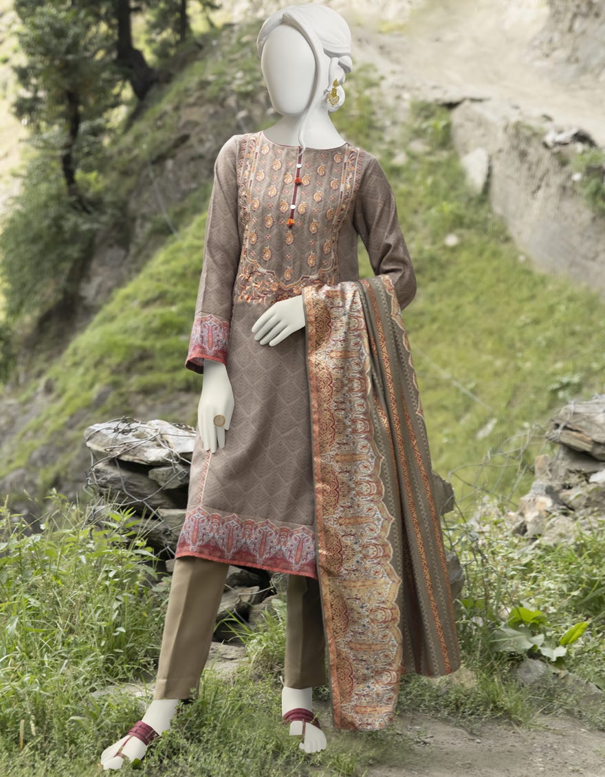 Brown Viscose 3 Piece Stitched Dress | Jjpw-W-Jpws-22-497
