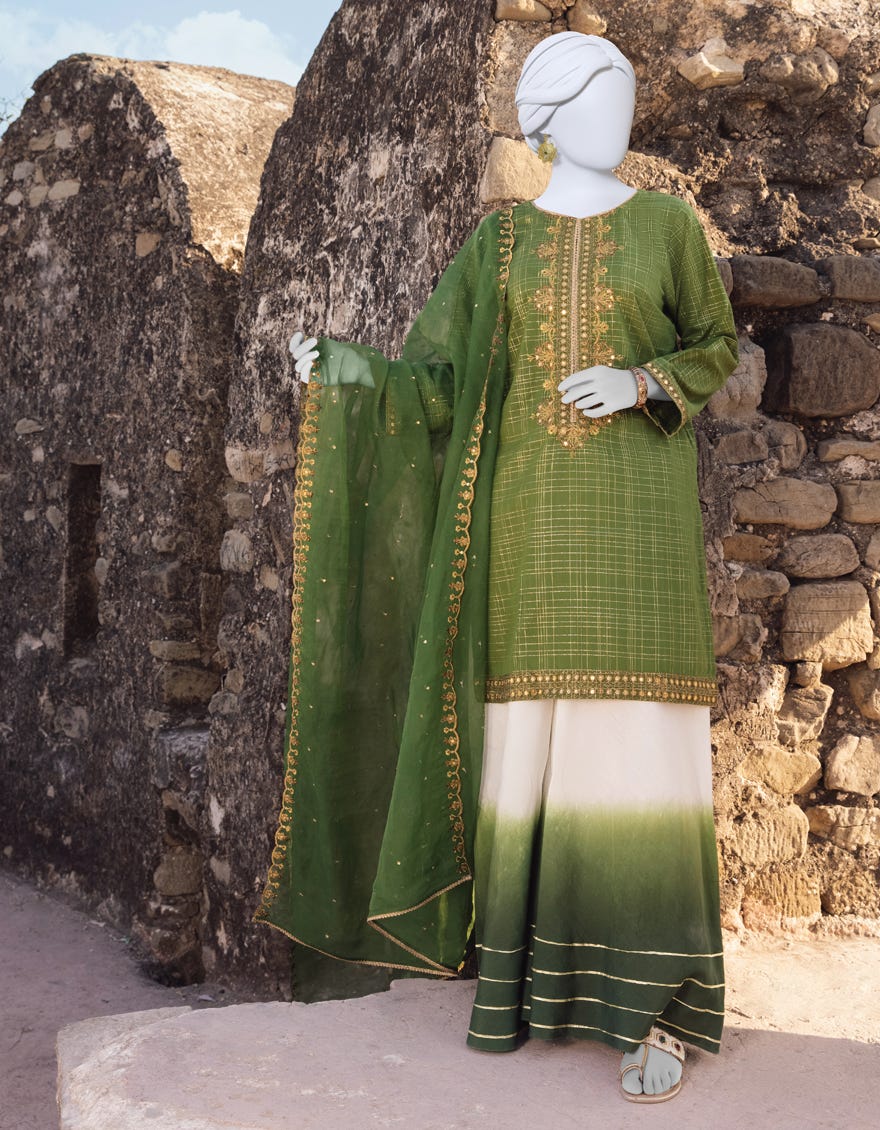Green Cotton 3 Piece Stitched Dress | Jjpw-S-Jpws-23-505