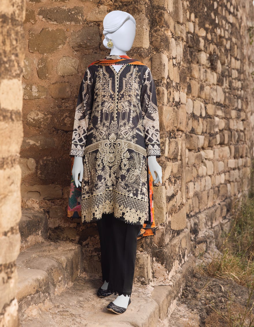 Black & Coffee Cambric 3 Piece Stitched Dress | Jjpw-S-Jpws-23-511