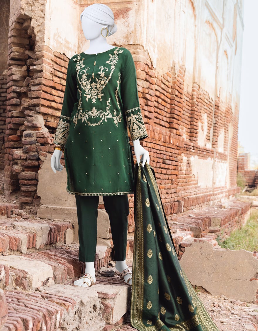 Green Cotton Silk 3 Piece Stitched Dress | Jjpw-S-Jpws-23-513