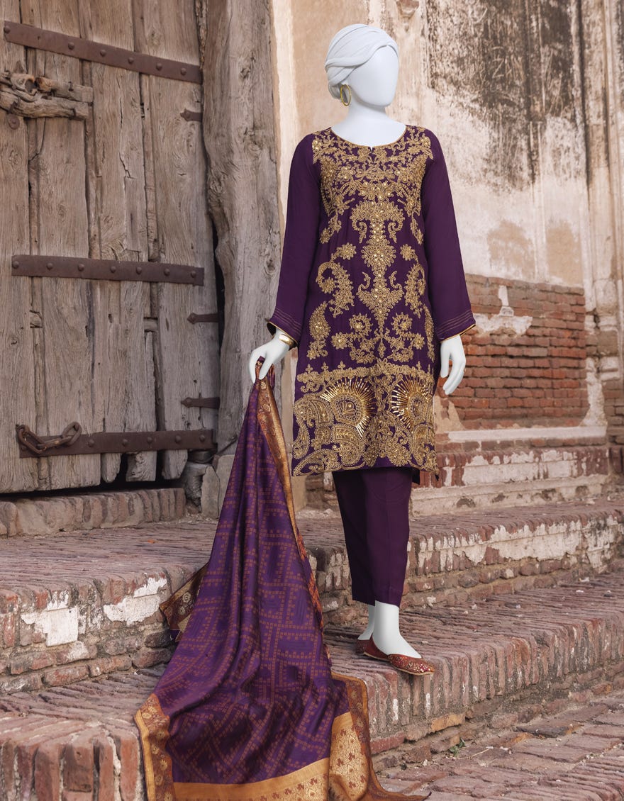 Purple Silk 3 Piece Stitched Dress | Jjpw-S-Jpws-23-514