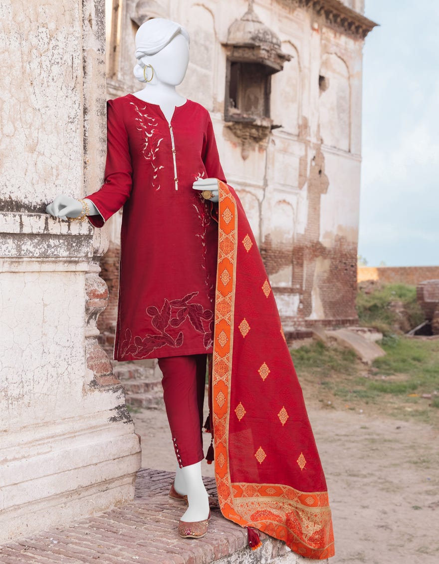 Red Cotton 3 Piece Stitched Dress | Jjpw-S-Jpws-23-515