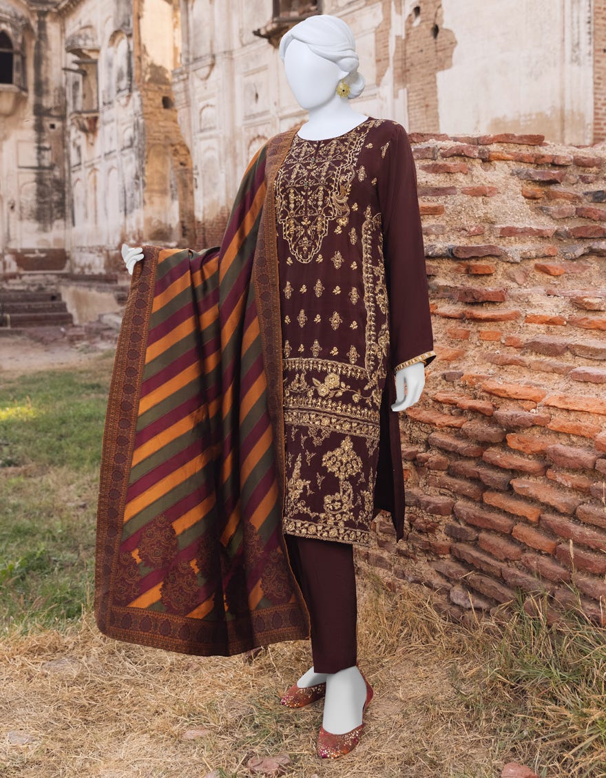 Brown Silk 3 Piece Stitched Dress | Jjpw-S-Jpws-23-516
