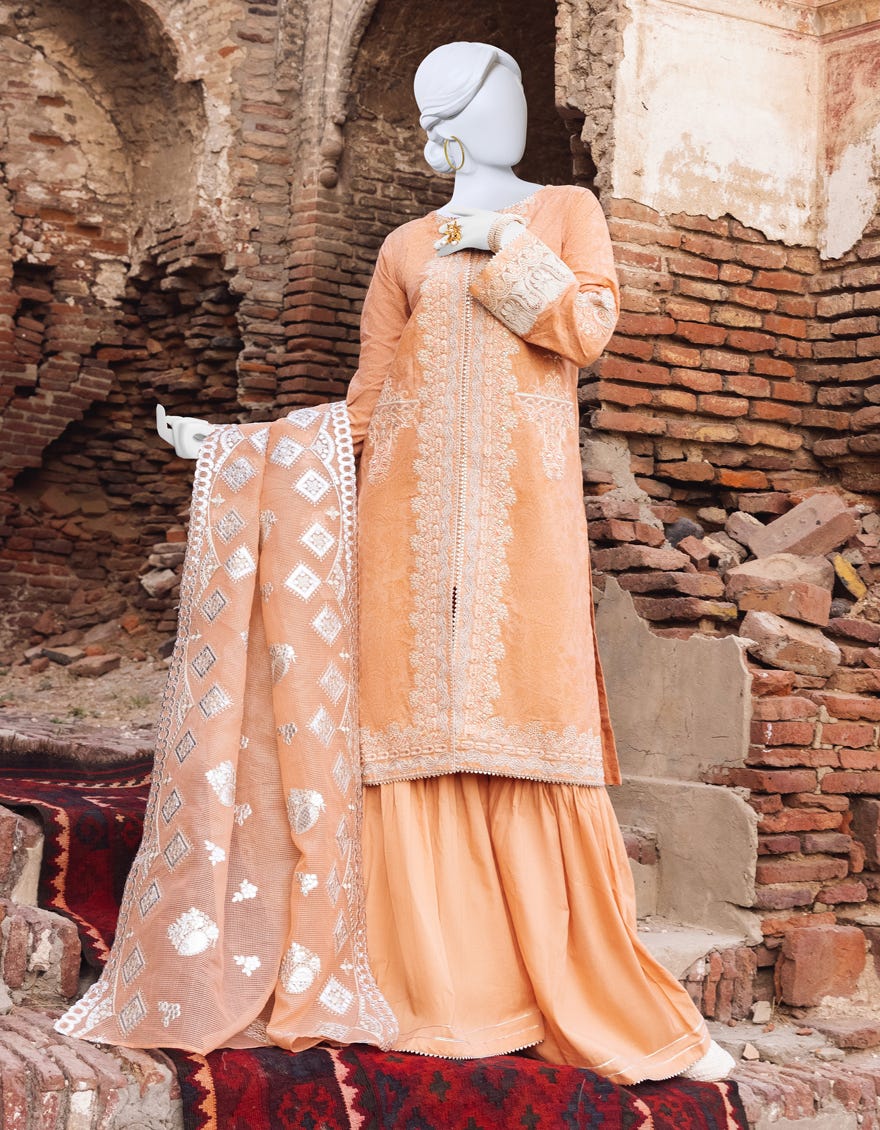 Peach Cambric Unstitched 3 Piece Dress | Jjls-S-Jpus-23-517