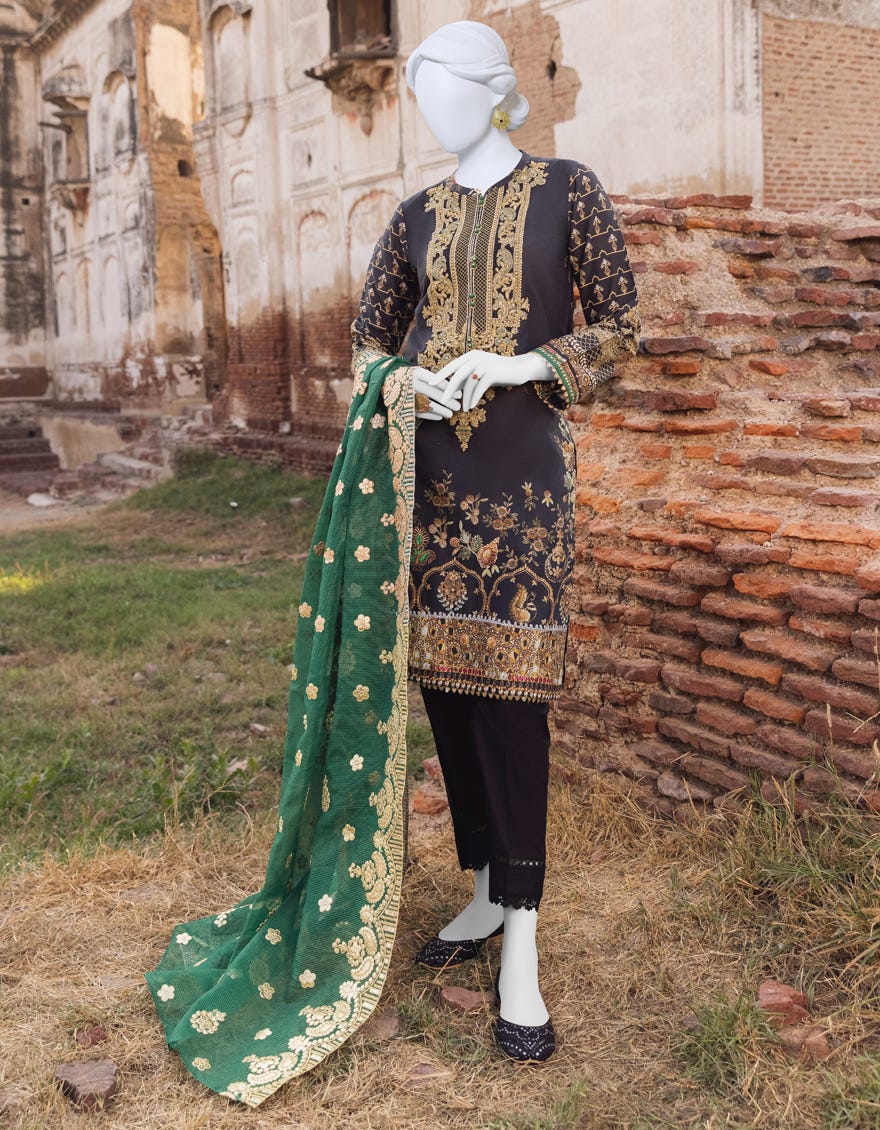 Black Cambric 3 Piece Stitched Dress | Jjpw-S-Jpws-23-519