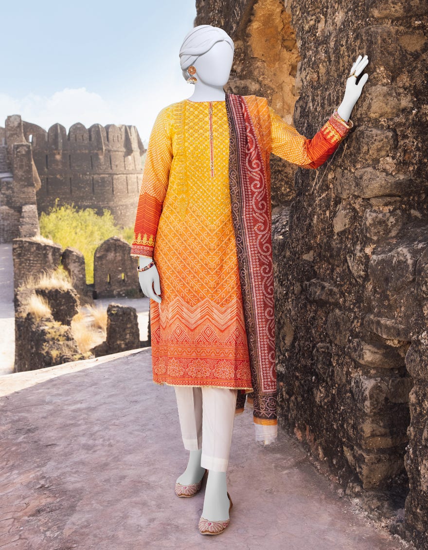 Yellow Cambric Unstitched 3 Piece Dress | Jjls-S-Jpus-23-526
