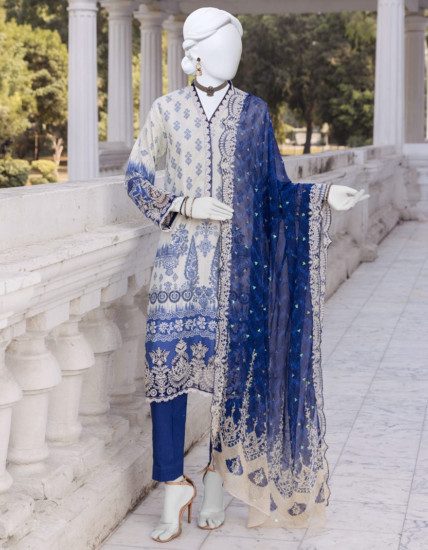 Blue Cambric 3 Piece Stitched Dress | Jjpw-S-Jpws-23-535