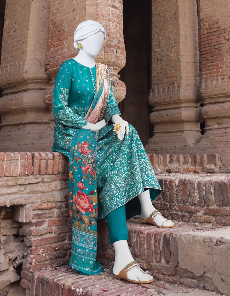 Bottle Green Raw Silk 3 Piece Stitched Dress | Jjpw-S-Jpws-23-541