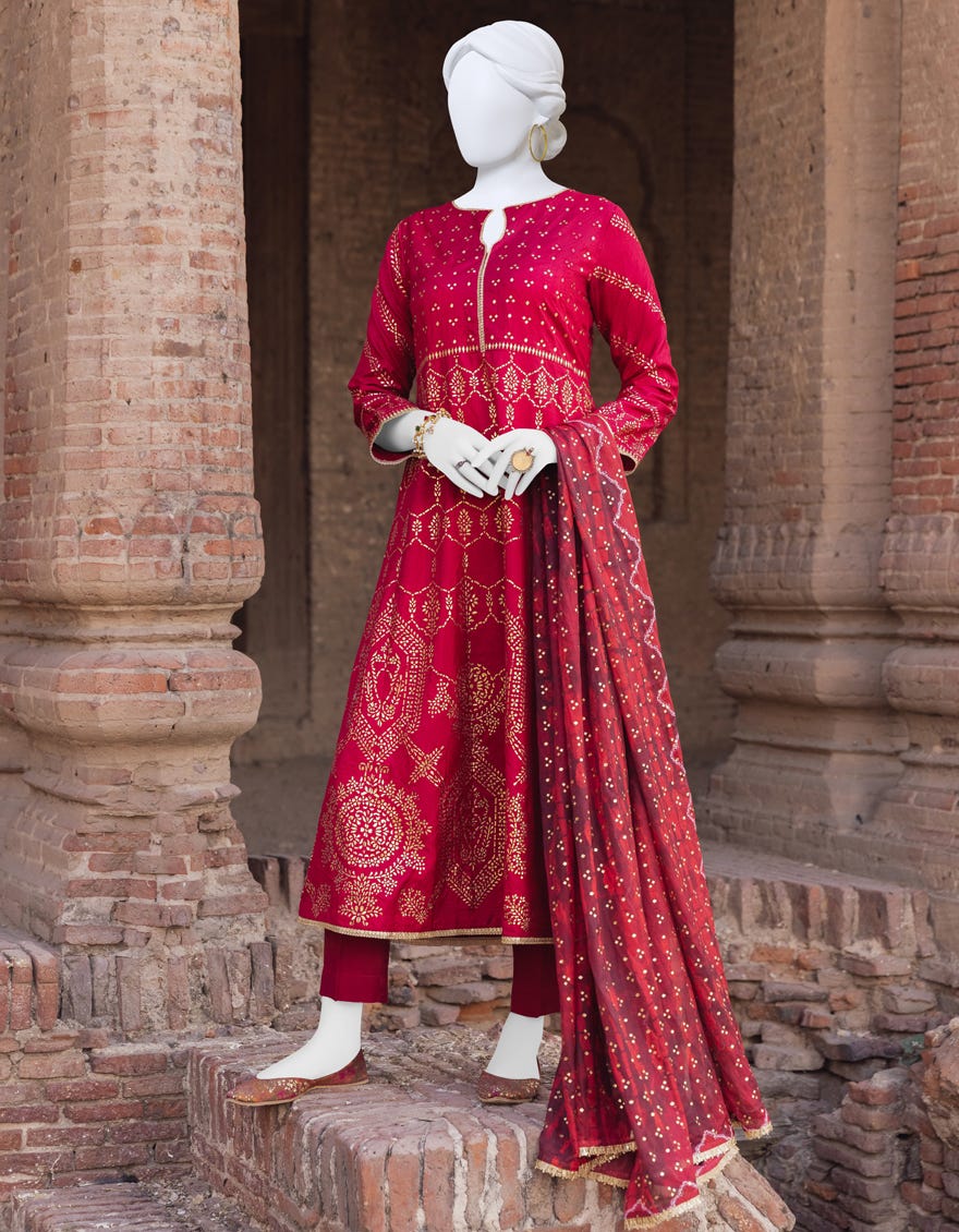 Red Printed 3 Piece Stitched Dress | Jjpw-S-Jpws-23-542