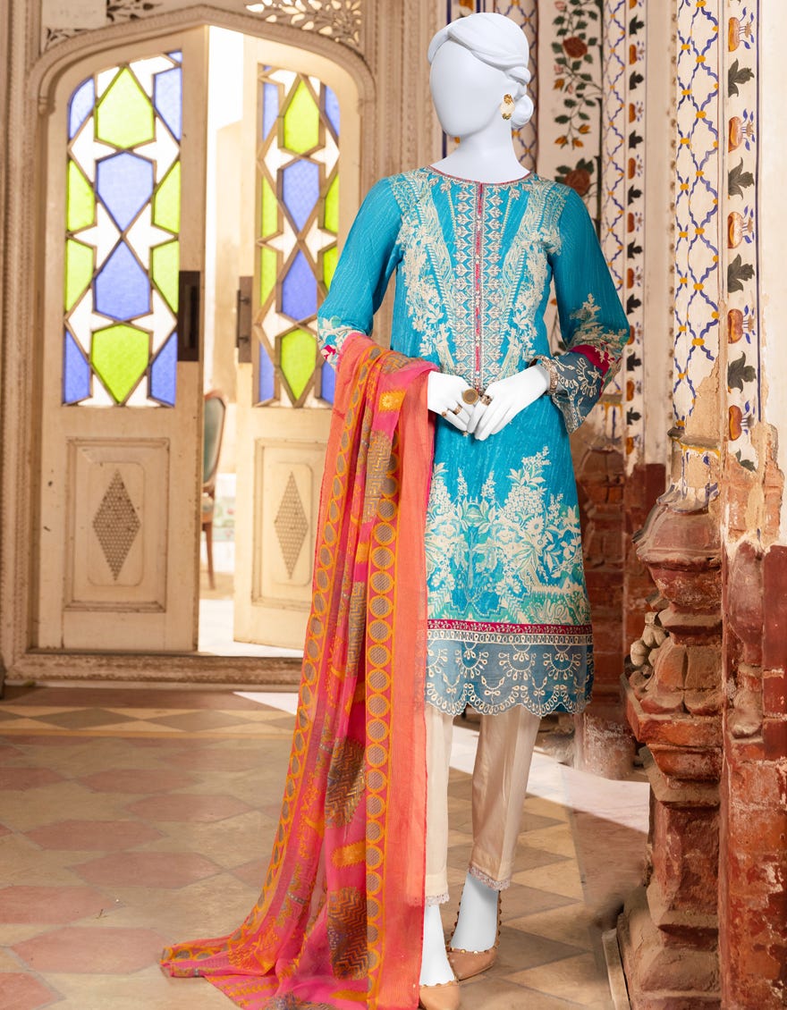 Blue Cambric 3 Piece Stitched Dress | Jjpw-S-Jpws-23-545