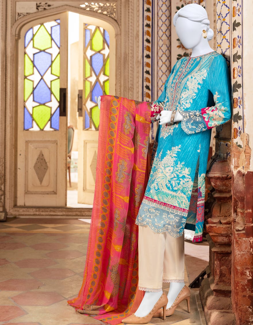 Blue Cambric Unstitched 3 Piece Dress | Jjls-S-Jpus-23-545