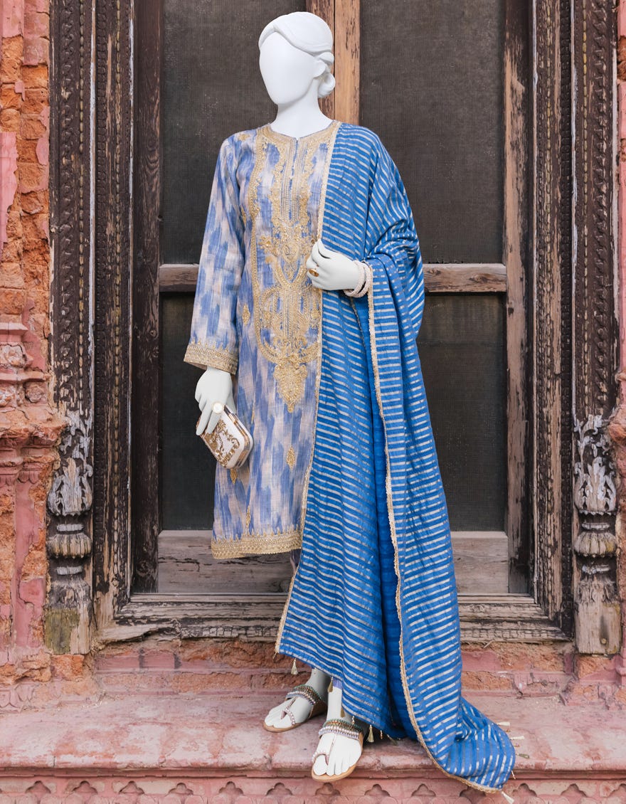 Blue Cotton 3 Piece Stitched Dress | Jjpw-S-Jpws-23-554