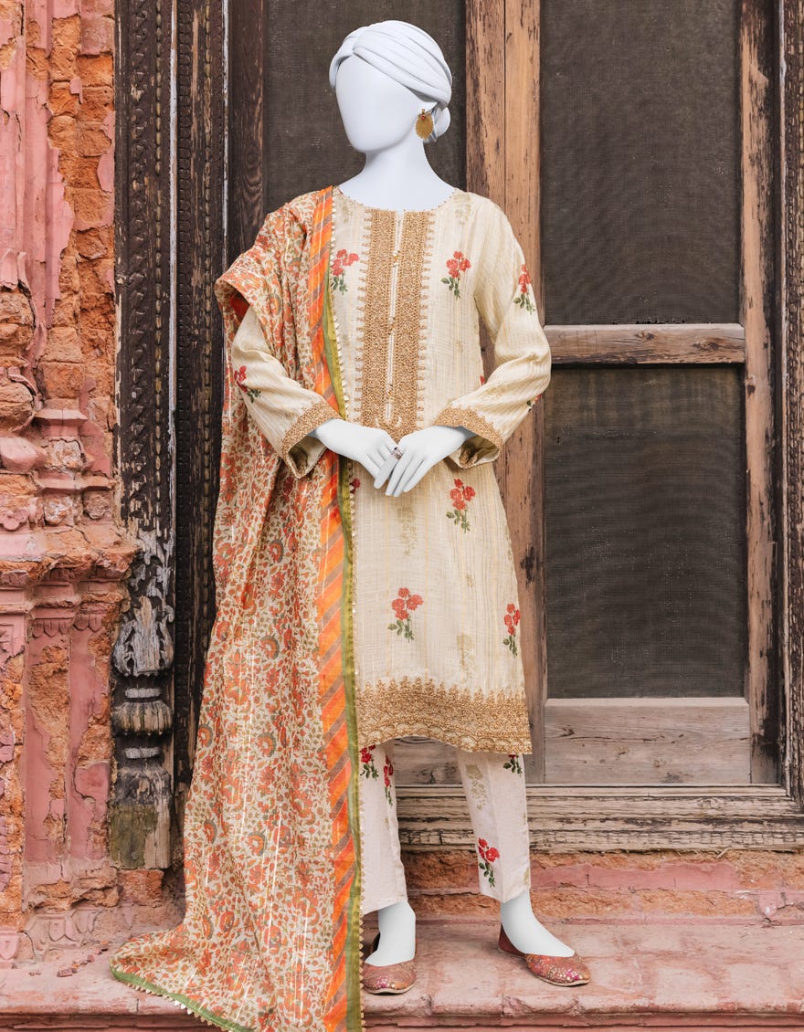 Off White Cotton 3 Piece Stitched Dress | Jjpw-S-Jpws-23-556