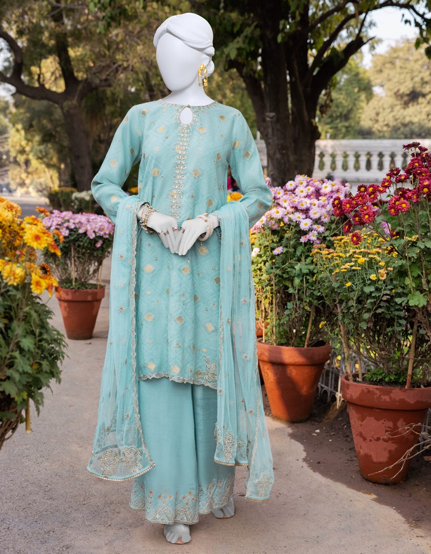 Sky Blue Cotton 3 Piece Stitched Dress | Jjpw-S-Jpws-23-558