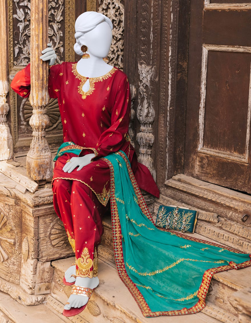 Maroon Cotton Silk 3 Piece Stitched Dress | Jjpw-S-Jpws-23-560