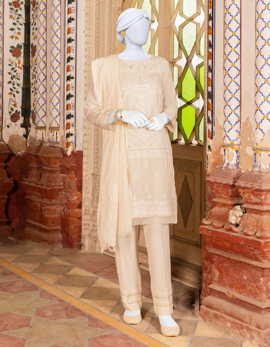 White Raw Silk 3 Piece Stitched Dress | Jjpw-S-Jpws-23-561